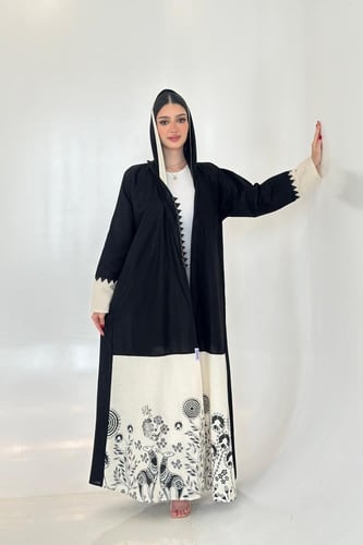 عباية لينن أسود وبيج | منقوشة بأزهار