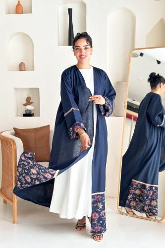 Abaya Lennen dark blue | Shela Bawal Indian patterned