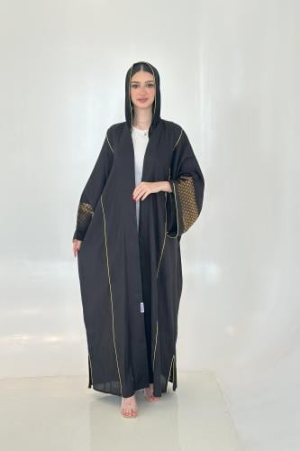عباية لينن اسود | أكمام عريضة
