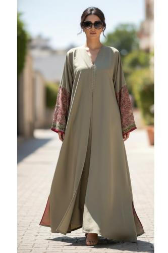 عباية كريب مغسول زيتي | أكمام مشجر