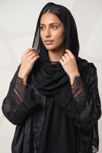 عباية كريب جاكار |اكمام دانتيل أسود.