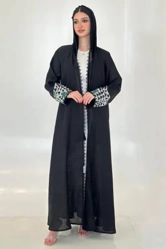 Black linen abaya | Green cotton embroidered with flowers and white voile