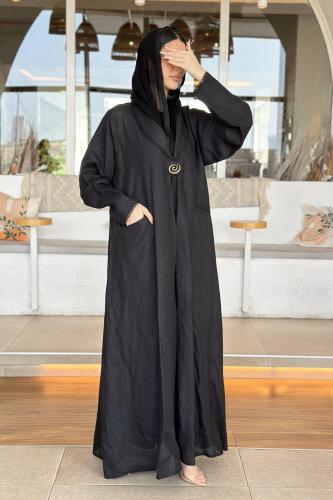 عباية رسمية بليزر لينن أسود | تقفيلة أنيقة