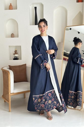 عباية لنن كحلي | طرحة بوال هندي مشجر