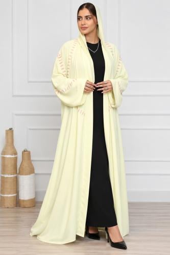 Crêpe abaya, soft beige | soft pink parallel embroidery