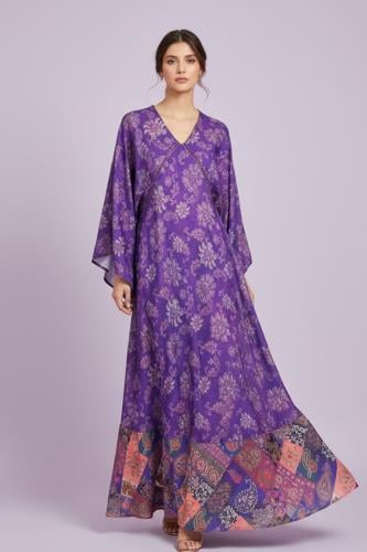 جلابية لينن أرجواني منقوش | كتان