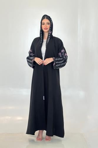 عباية كريب أسود | تطريز أكمام وظهر