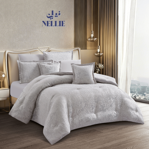 مفرش الارا جاكار الفاخر جاكار ملكي لون رصاصي فاتح ( مزدوج 8 قطع )