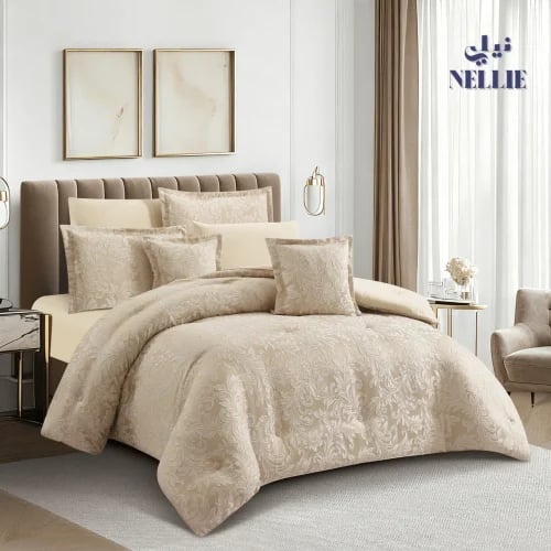 مفرش الارا جاكار الفاخر جاكار ملكي لون بيج ( مزدوج 8 قطع )