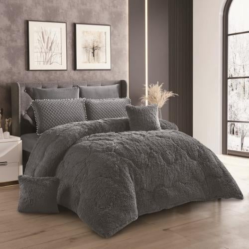 Evelyn winter bedspread with long fur plush | 8 pieces | two pieces dark gray color