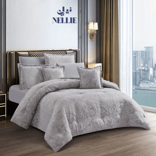 مفرش الارا جاكار الفاخر جاكار ملكي لون رصاصي غامق ( مزدوج 8 قطع )