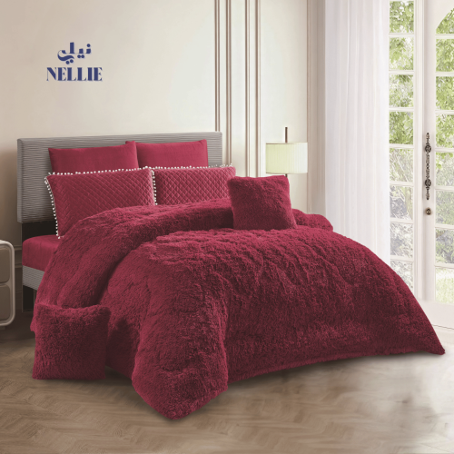 Evelyn winter bedspread, long fur, luxurious, 8 pieces, two in a maroon color