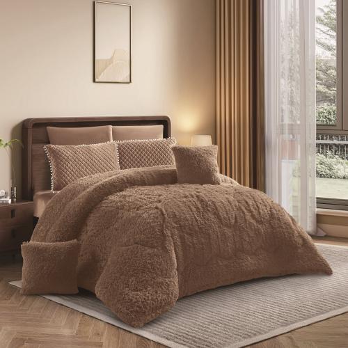 Evelyn winter bedspread with long fur, luxurious | 8 pieces | two pieces, dark brown color