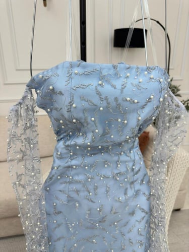 فستان سهرة قماش ميكادو تل كمبيوتر ولول مع ذيل طويل...