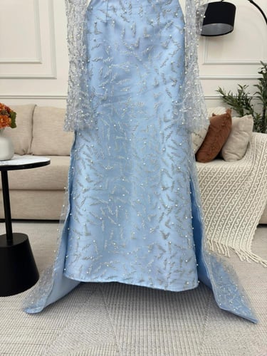 فستان سهرة قماش ميكادو تل كمبيوتر ولول مع ذيل طويل...