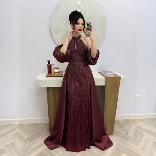 فستان سهرة عنابي دانتيل بياقة مرتفعة وأكمام باربي وتنورة جازار
