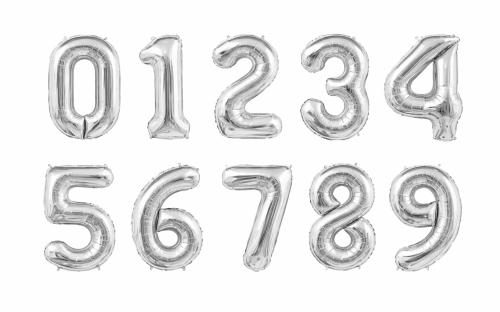 Number balloons from 0 to 9 silver color