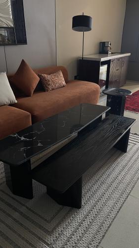 Wooden and marble tables