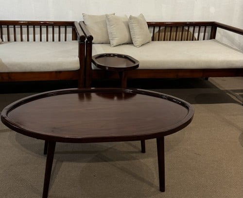 Large wooden tables and four services in brown col...