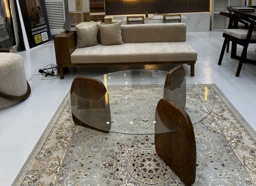 Glass table and wooden legs