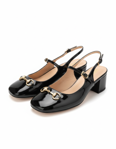 Gucci shoe with wide heel and Horsebit touch – shiny black leather