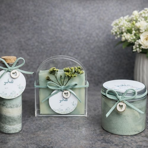 توزيعات مناسبات فاخرة – صابون طبيعي + مقشر جسم + أ...