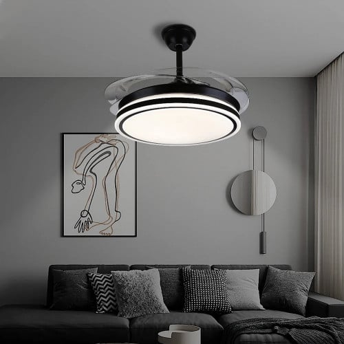 نجف مروحه دائري لون اسود تأتي بثلاث اضاءات