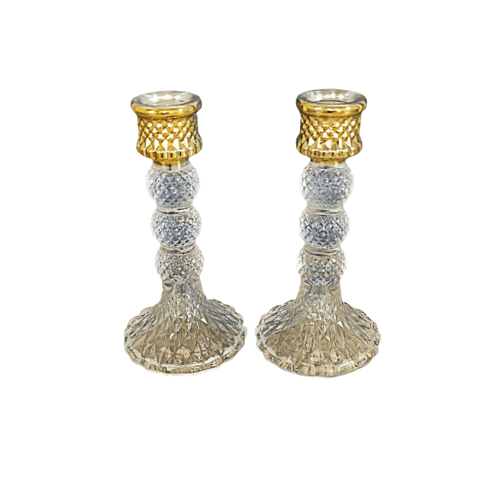 طقم حاملي شمع كريستال زجاجي 6" مع قمة ذهبية ونمط م...