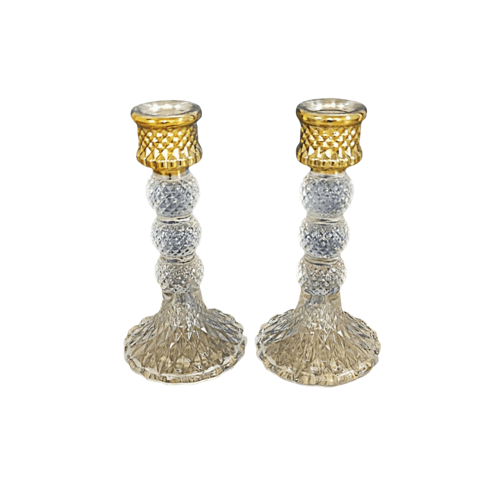 طقم حاملي شمع كريستال زجاجي 6" مع قمة ذهبية ونمط م...