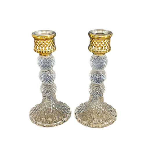 طقم حاملي شمع كريستال زجاجي 6" مع قمة ذهبية ونمط م...