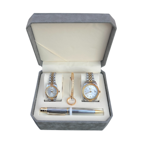 "طقم ساعات رجالي و نسائي مكون من 5 قطع مع سوار ساع...