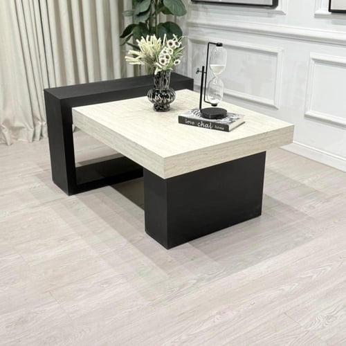 طاولة تقديم سطح بديل رخام ناعم قاعدة خشب لون اسود