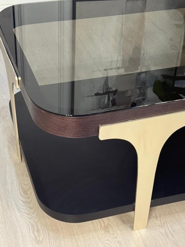 طاولة تقديم دورين دور بسطح زجاج عسلي وخشب سنديان ب...