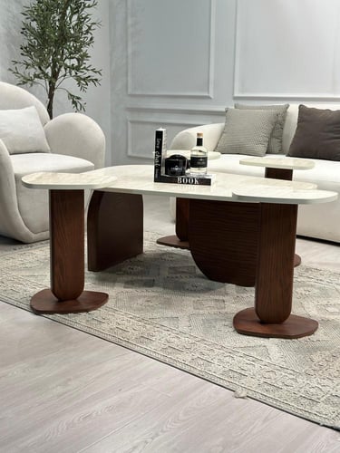 طقم طاولات 5 قطع سطح بديل الرخام ملمس ناعم قاعده خ...