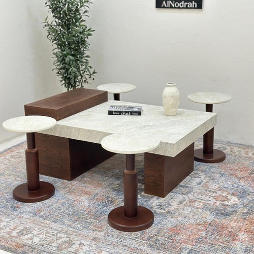 طقم طاولات 5قطع سطح بديل حجر ملمس خشن قاعده خشب قش...