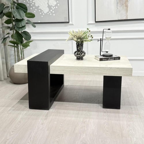 طاولة تقديم سطح بديل رخام ناعم قاعدة خشب لون اسود