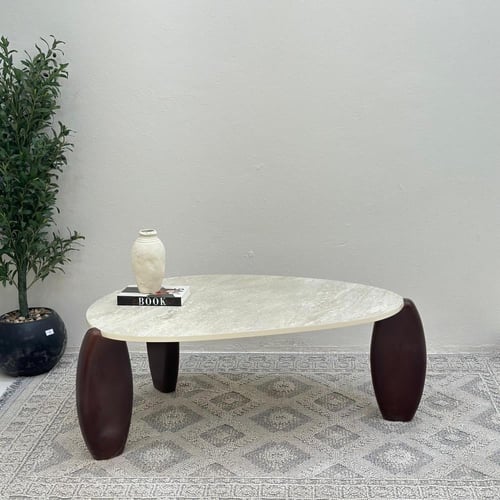 طاولة ستون سطح بديل حجر ملمس خشن قاعده خشب لون بني