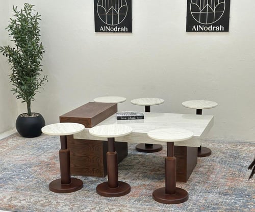 طقم طاولات 7قطع سطح بديل الرخام قاعده خشب قشرة سند...