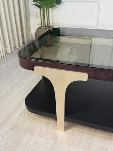 طاولة تقديم دورين دور بسطح زجاج عسلي وخشب سنديان ب...