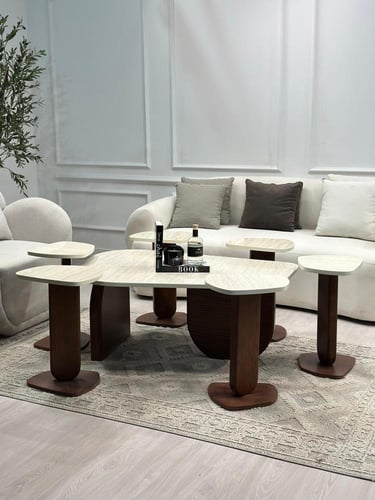 طقم طاولات 7 قطع سطح بديل الرخام ملمس ناعم قاعده خ...