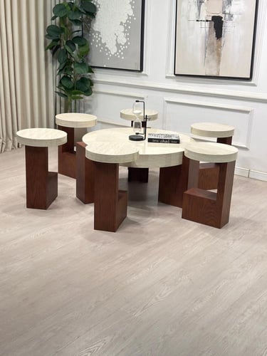 طقم طاولات L قطع7 سطح بديل رخام ناعم قاعدة خشب سند...