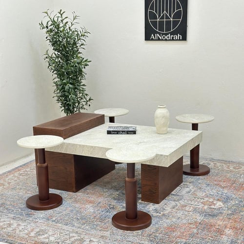 طقم طاولات 5قطع سطح بديل حجر ملمس خشن قاعده خشب قش...