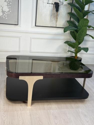 طاولة تقديم دورين دور بسطح زجاج عسلي وخشب سنديان ب...