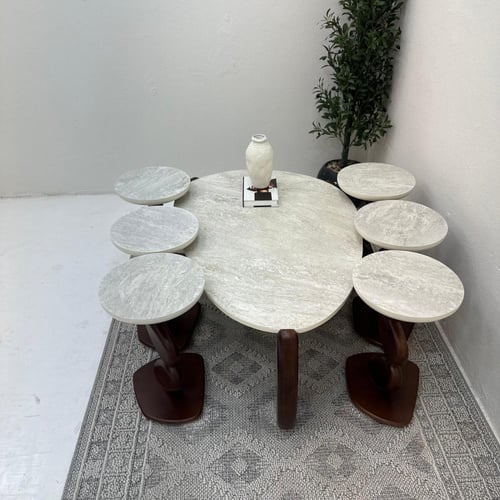 طقم طاولات 7قطع سطح بديل حجر ملمس خشن قاعدة خشب لو...