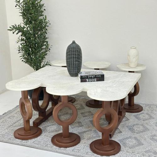 طقم طاولات 7قطع سطح بديل الرخام الحجري ملمس خشن قا...