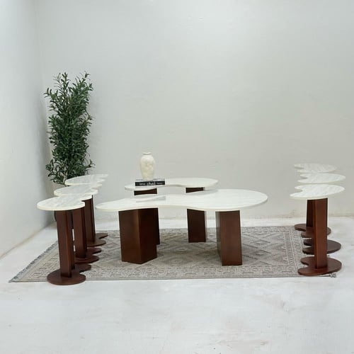 طقم طاولات 8قطع سطح بديل الرخام قاعده خشب لون بني