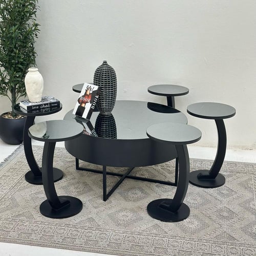 طقم طاولات دائري مرايا اسود 7قطع