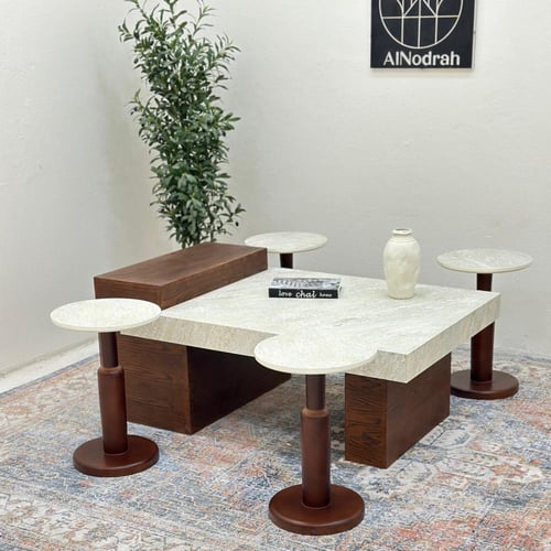 طقم طاولات 5قطع سطح بديل حجر ملمس خشن قاعده خشب قش...