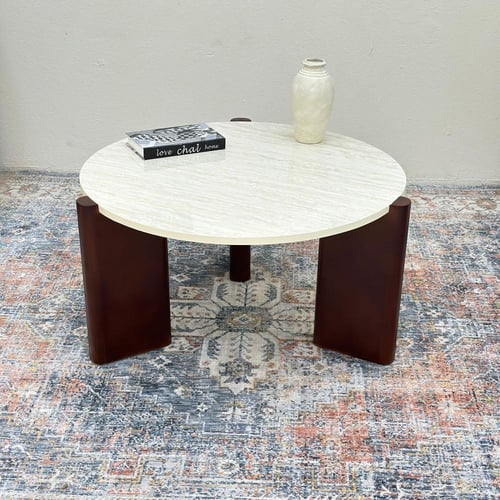 طاولة دائري سطح بديل الرخام قاعده خشب لون بني