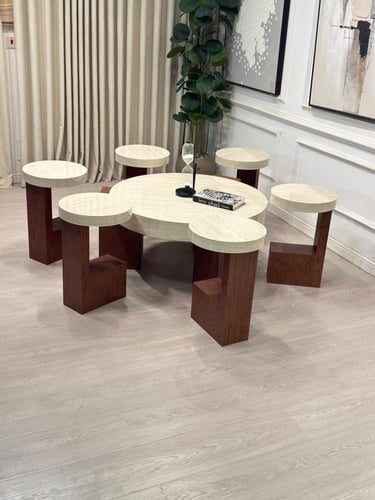 طقم طاولات L قطع7 سطح بديل رخام ناعم قاعدة خشب سند...